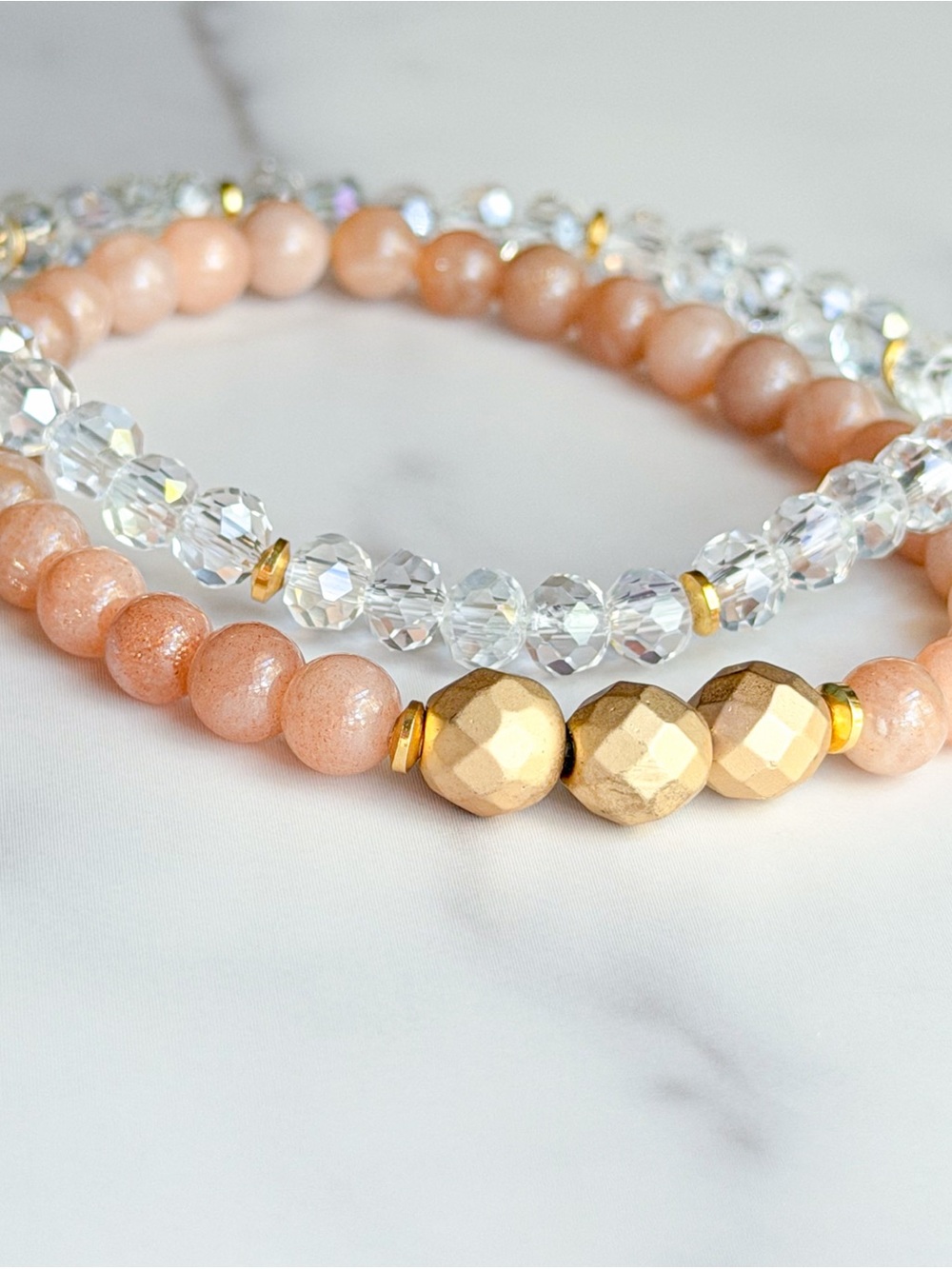 Sunstone & Crystal Glass Beaded Stretch Bracelet Set Peach Clear Gold Tone Set